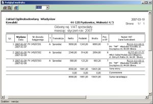 Wydruk
rejestru VAT - widok okna programu