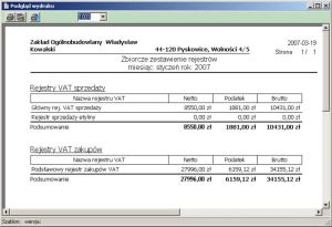 Wydruk
rejestru VAT - parametry programu